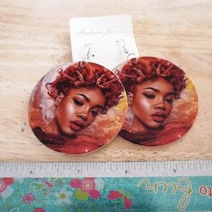 African Women Painted Wood Round Earrings
